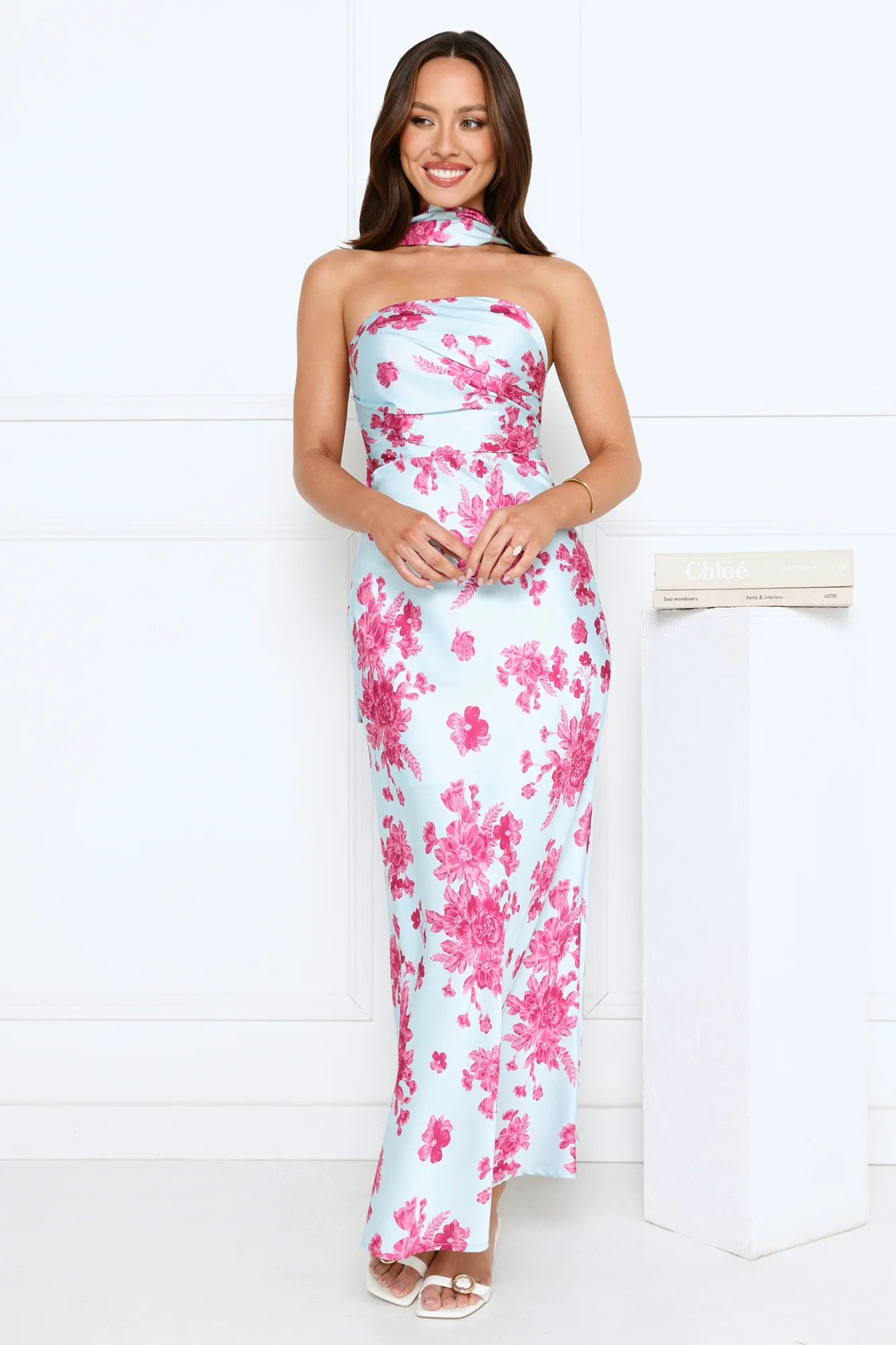 Bloom Pop Satin Strapless Maxi Dress Blue | Hello Molly (US)
