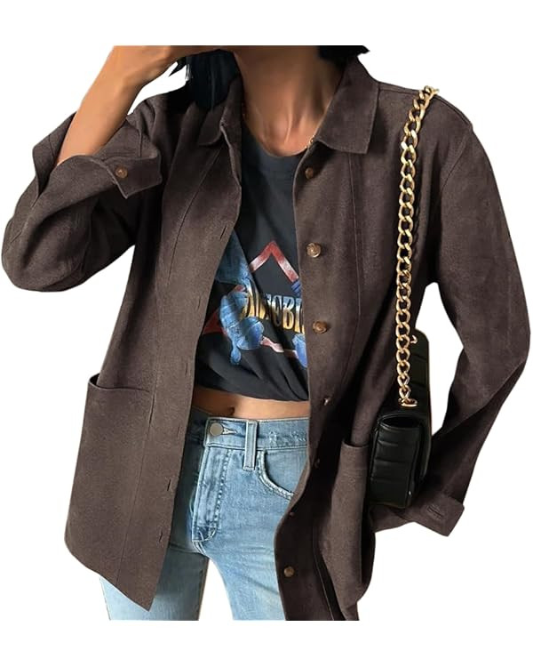 Tankaneo Womens Faux Suede Jackets Button Down Long Sleeve Shackets Coat Trendy 2025 Spring Cloth... | Amazon (US)