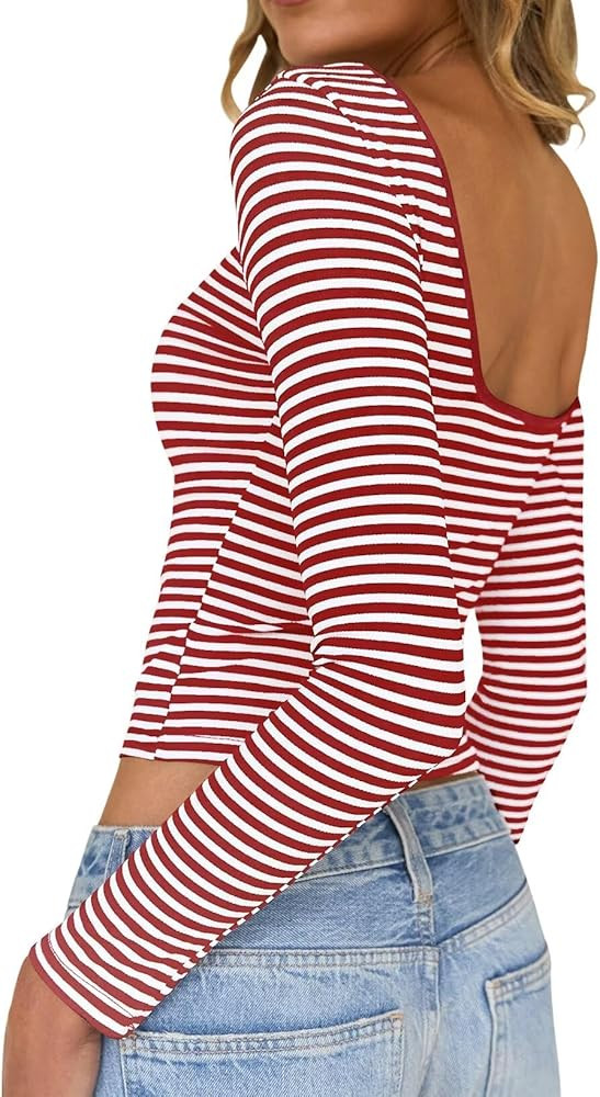 Falechay Long Sleeve Shirts for Women Sexy Backless Striped Tops Going Out T-Shirt Y2K Crop Women... | Amazon (US)