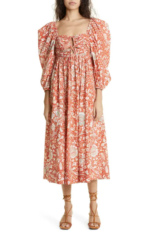 Ulla Johnson Alessa Floral Balloon Sleeve Cotton Midi Dress in Orange Blossom at Nordstrom, Size 14 | Nordstrom
