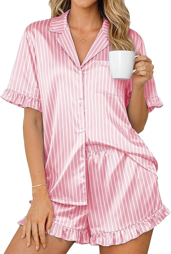 Ekouaer Womens Satin Pajamas Set 2 Piece Button Down Silk Pjs Ruffle Short Sleeve Shorts Set Notc... | Amazon (US)