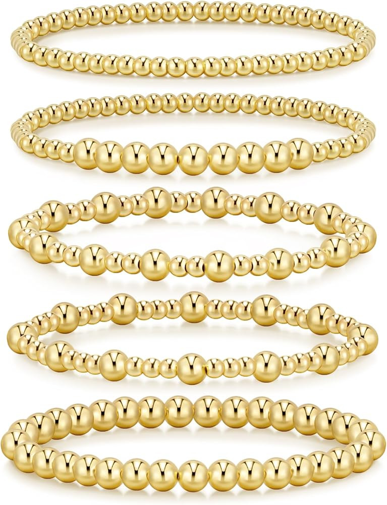 adoyi Gold Bracelets for Women Beaded Bracelet 14K Gold Plated Bracelet Stack Stretch Bead Ball B... | Amazon (US)