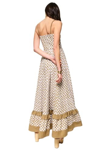 Women's Checkered Dress Square Neck Floral Boho Maxi Dress Sexy Spaghetti Strap Flowy Swing Long Beach Sundress (Apricot, S) | Amazon (US)