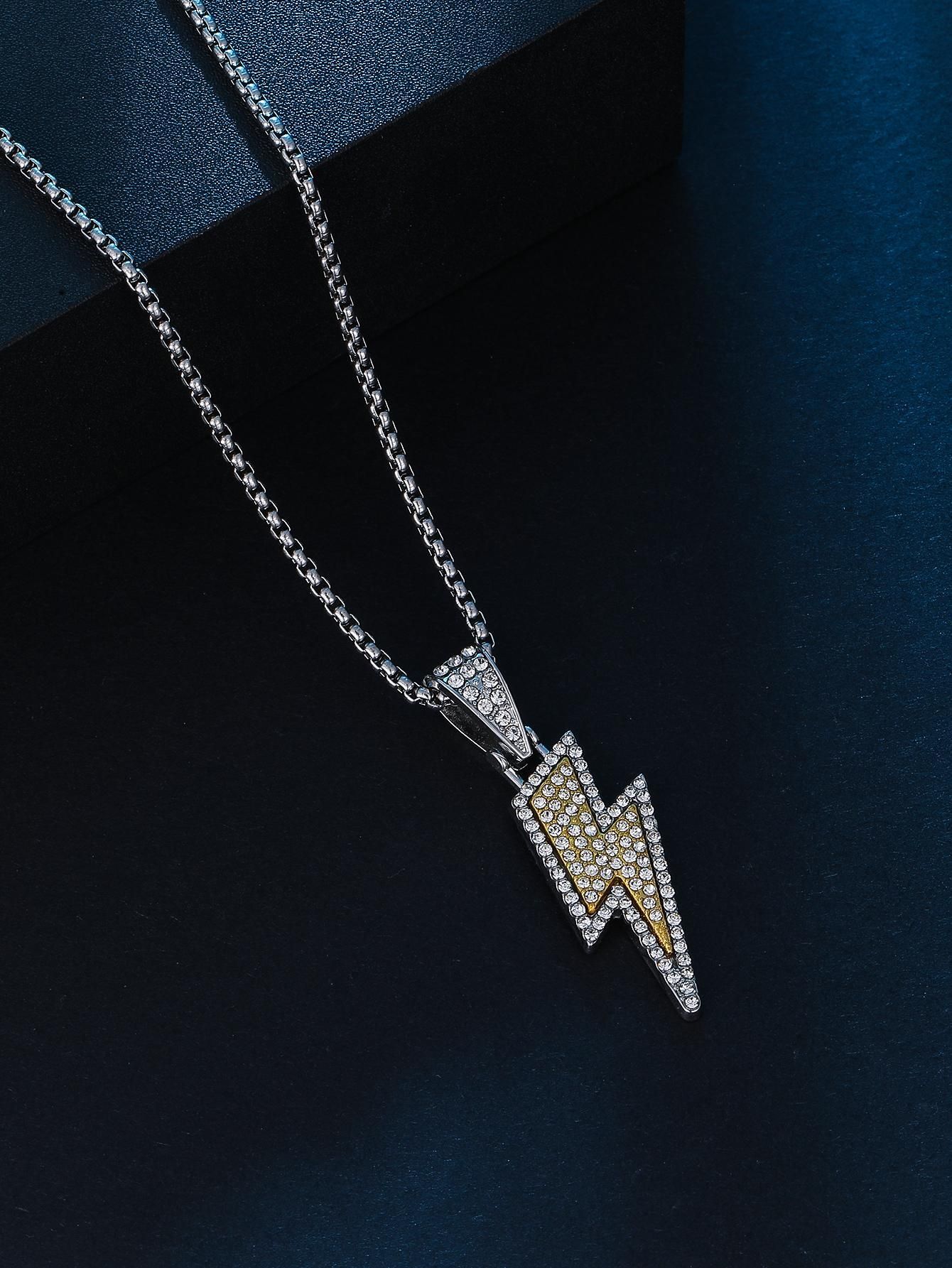 Hip-hop Style Lightning Shaped Pendant Necklace Encrusted With Rhinestones, Titanium Steel Chain,... | SHEIN
