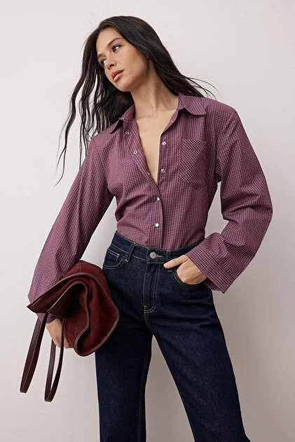 Trendyol Collection Burgunderrot-Mehrfarbig kariertes, wattiertes Oversize-Hemd mit breiten Mansc... | Trendyol DE