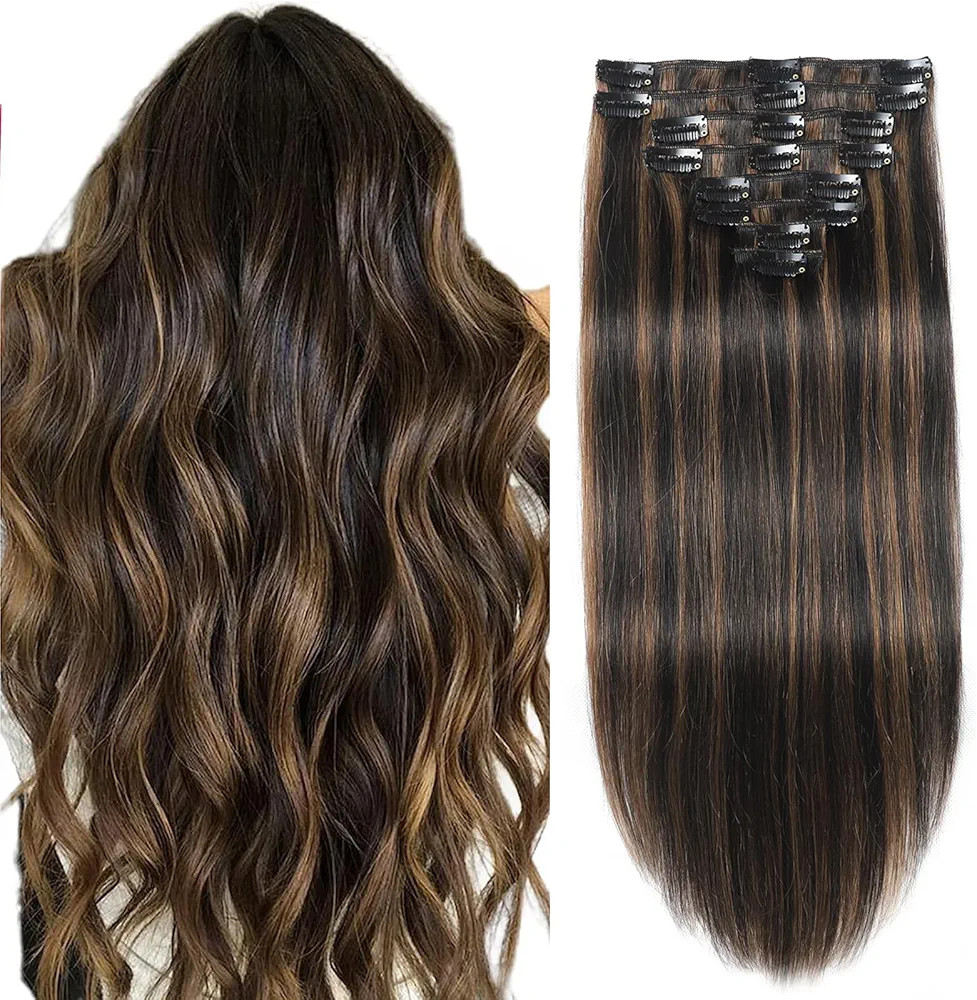 Balayage Natural Black to Chestnut Brown Clip in Hair Extensions Real Human Har Clip ins Remy inv... | Amazon (US)