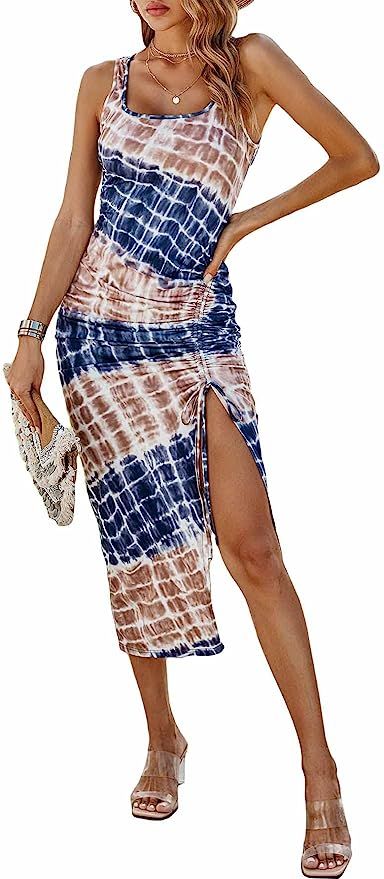 Milumia Women's Tie Dye Split Thigh Drawstring Ruched Scoop Neck Midi Tank Dress | Amazon (US)