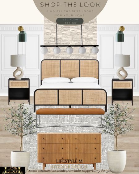 Modern farmhouse bed room ideas. Black rattan bed frame, brown leather bench, wood dresser, black rattan night stand, white rug, contemporary table lamp, green wall sconce, modern globe chandelier, white terracotta tree planter pot, realistic faux fake olive tree.

#LTKFind #LTKhome #LTKstyletip