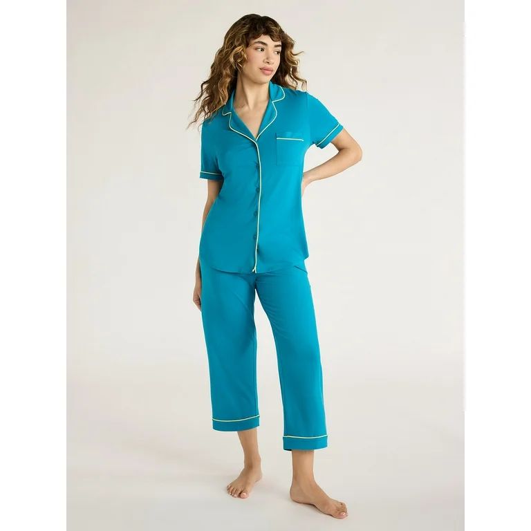 Joyspun Women's Knit Notch Collar Top and Capri Pants Pajama Set, 2-Piece, Sizes S to 3X | Walmart (US)