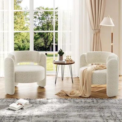 Chenille Accent Chairs Set of 2, Oversized Barrel Armchairs with Open Back, Upholstered Round Reading Chairs for Living Room or Apartment | Wayfair North America