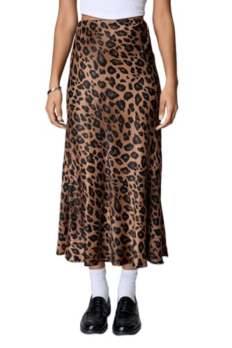 Womens Satin Maxi Skirt Silk Elegant High Waist Cocktail Midi Skirts A Line Flowy Ruffle Summer Party Skirt l Leopard Brown | Amazon (US)