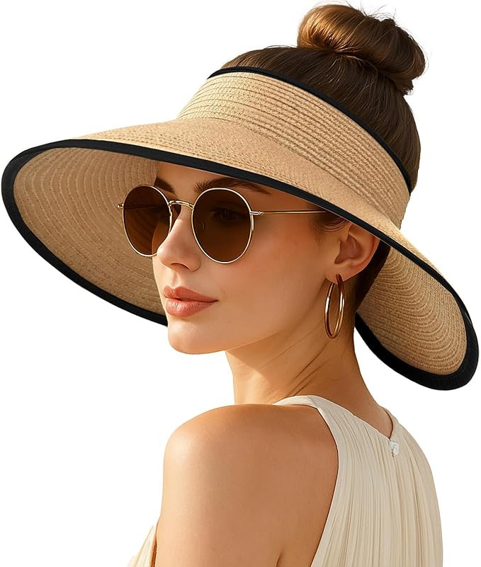 Women's Sun Visor Hats Wide Brim Straw Beach Hat Ponytail Hats for Women Foldable Floppy | Amazon (US)
