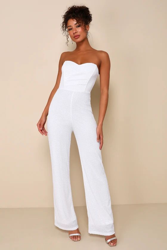 Fashionista Nights White Sequin Strapless Wide-Leg Jumpsuit | Lulus