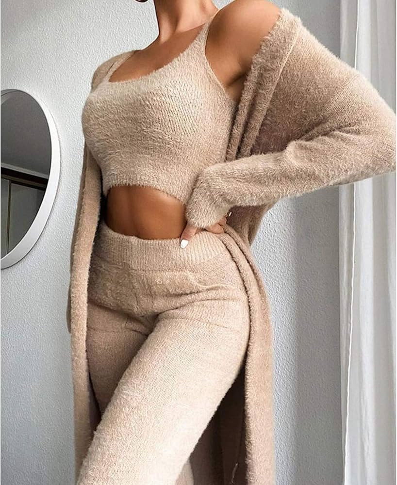 WJFGGXHK Woman'S Pajamas,Sexy Solid Winter Plush Khaki Pjs Sleepwear Robe Three Piece Sets Home C... | Amazon (UK)