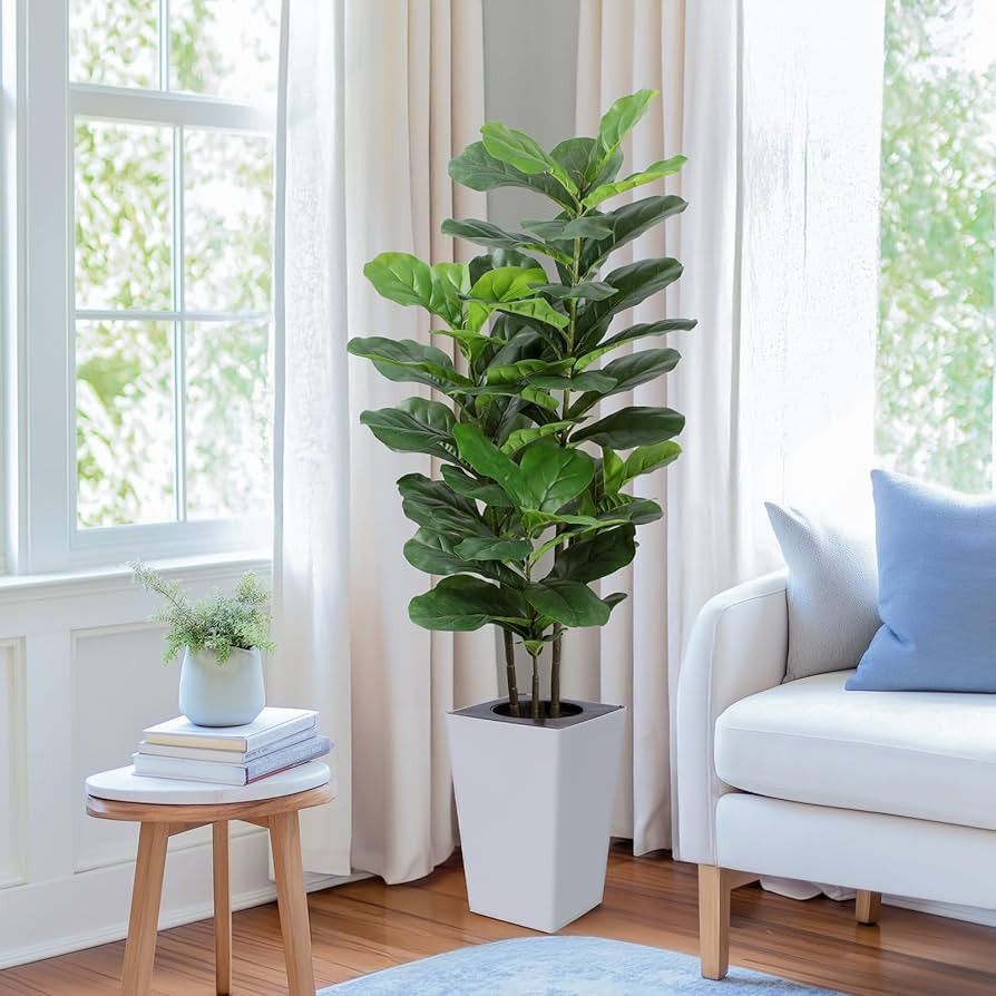 5Ft Fiddle Leaf Fig Tree with White Tall Planter - Fake Fig Silk Plants with 62 Large Fiddle Leav... | Amazon (US)