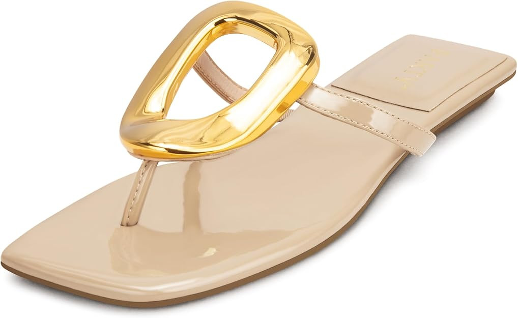PARTY Square Toe Flip Flops Women,Fashion Designer Thong Sandals with Gold Buckle Trendy Summer C... | Amazon (US)