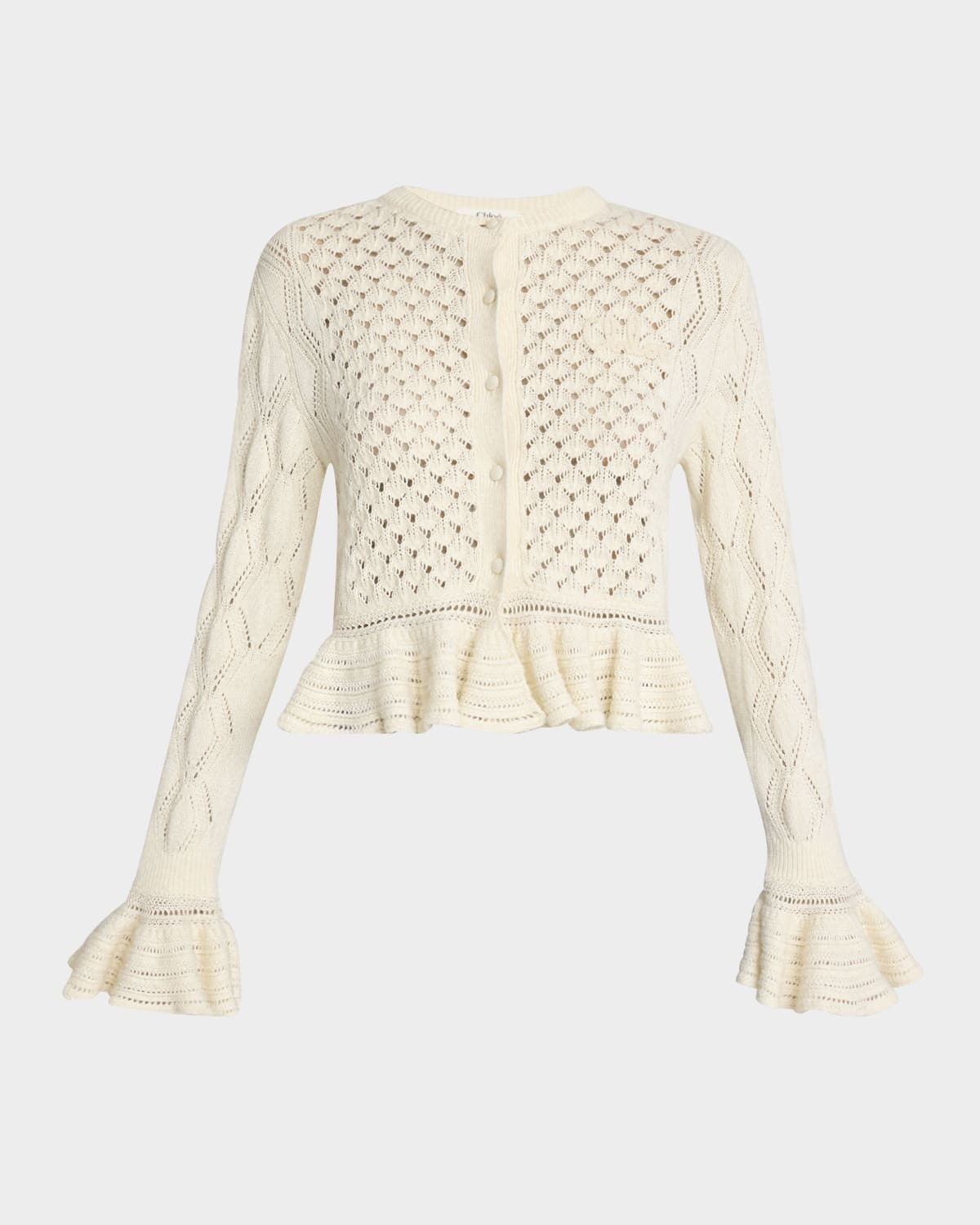 Open-Knit Ruffle Crewneck Cardigan | Neiman Marcus