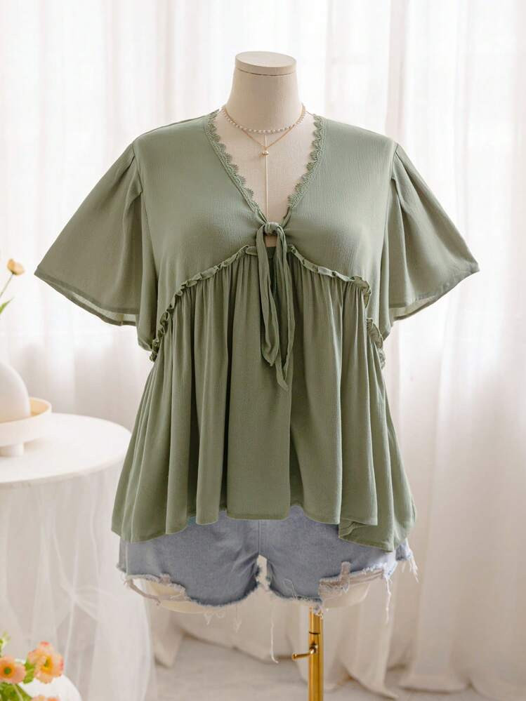 Soleia Plus Size Women V-Neck Bow Tie Front Split Ruffle Hem Loose Casual T-Shirt, Green, Back To School, Cute, Lunch, Vacation
4.77
(500+)
 | SHEIN