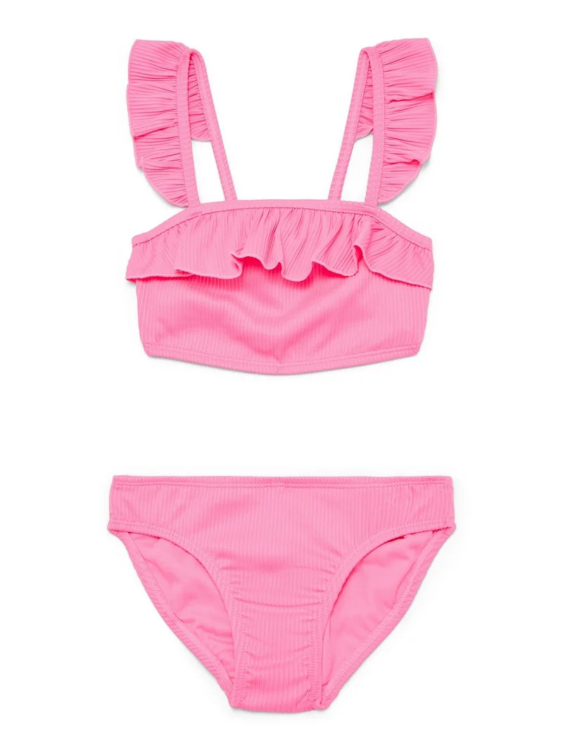 Wonder Nation Girls Ruffle Bikini Top and Scoop Bottoms Swim Set with UPF 50, 2-Piece, Sizes 4-18 | Walmart (US)