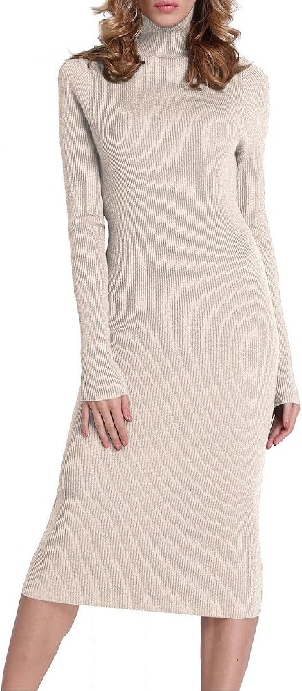 Women's Turtleneck Ribbed Elbow Long Sleeve Knit Sweater Dress | Amazon (US)