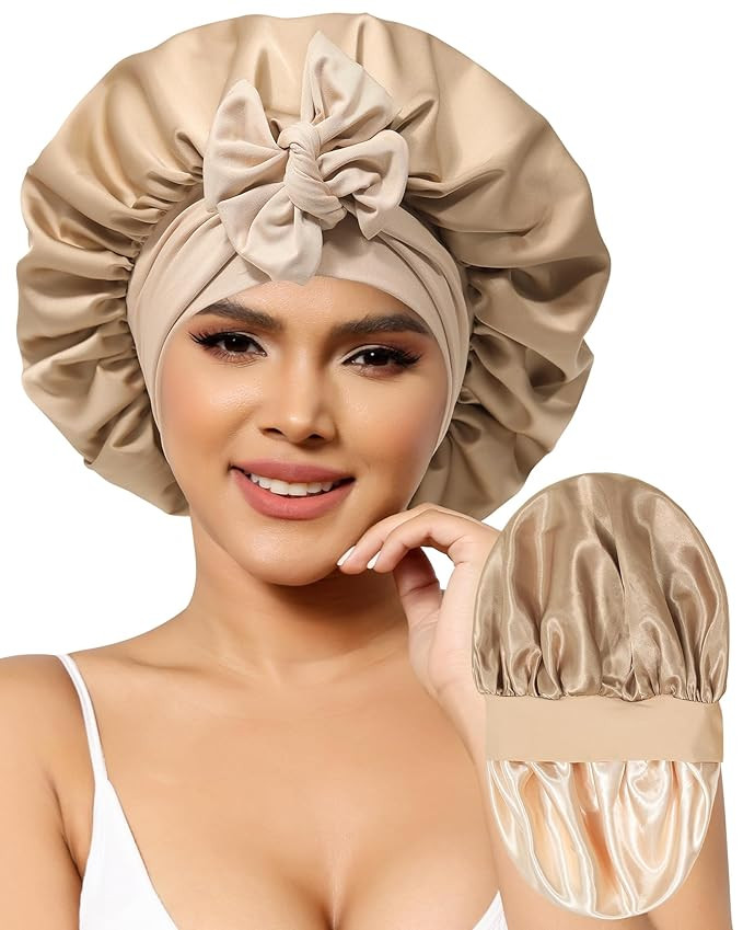 Satin Bonnet for Women Silk Bonnets for Sleeping Curly Hair Bonnet with Elastic Tie Band Reversib... | Amazon (US)