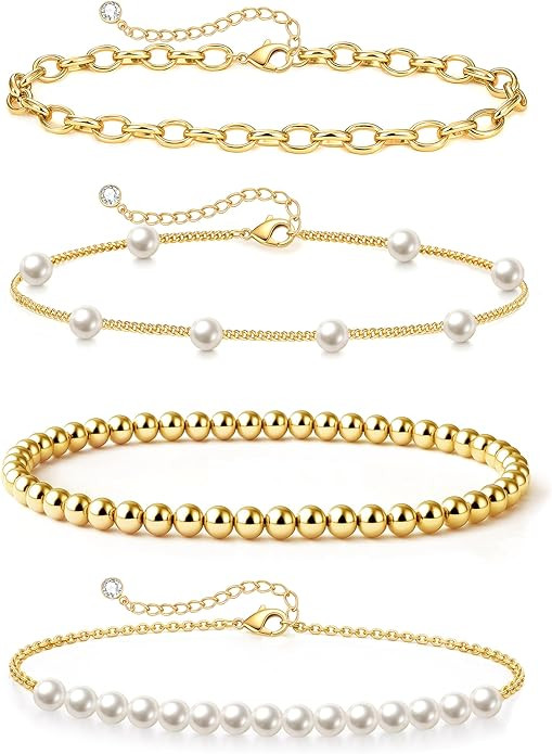 Zeffy Gold Pearl Beaded Bracelet for Women, 14K Gold Plated Jewelry Set With Paperclip Link Chain... | Amazon (US)