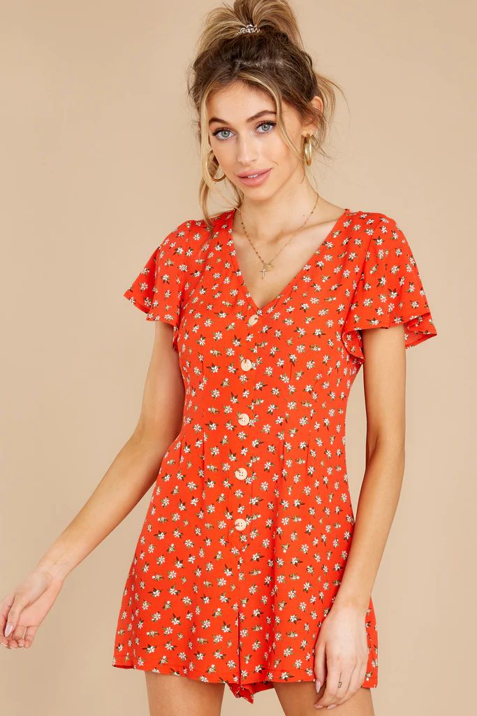 Sunny Days Tangerine Floral Print Romper | Red Dress 