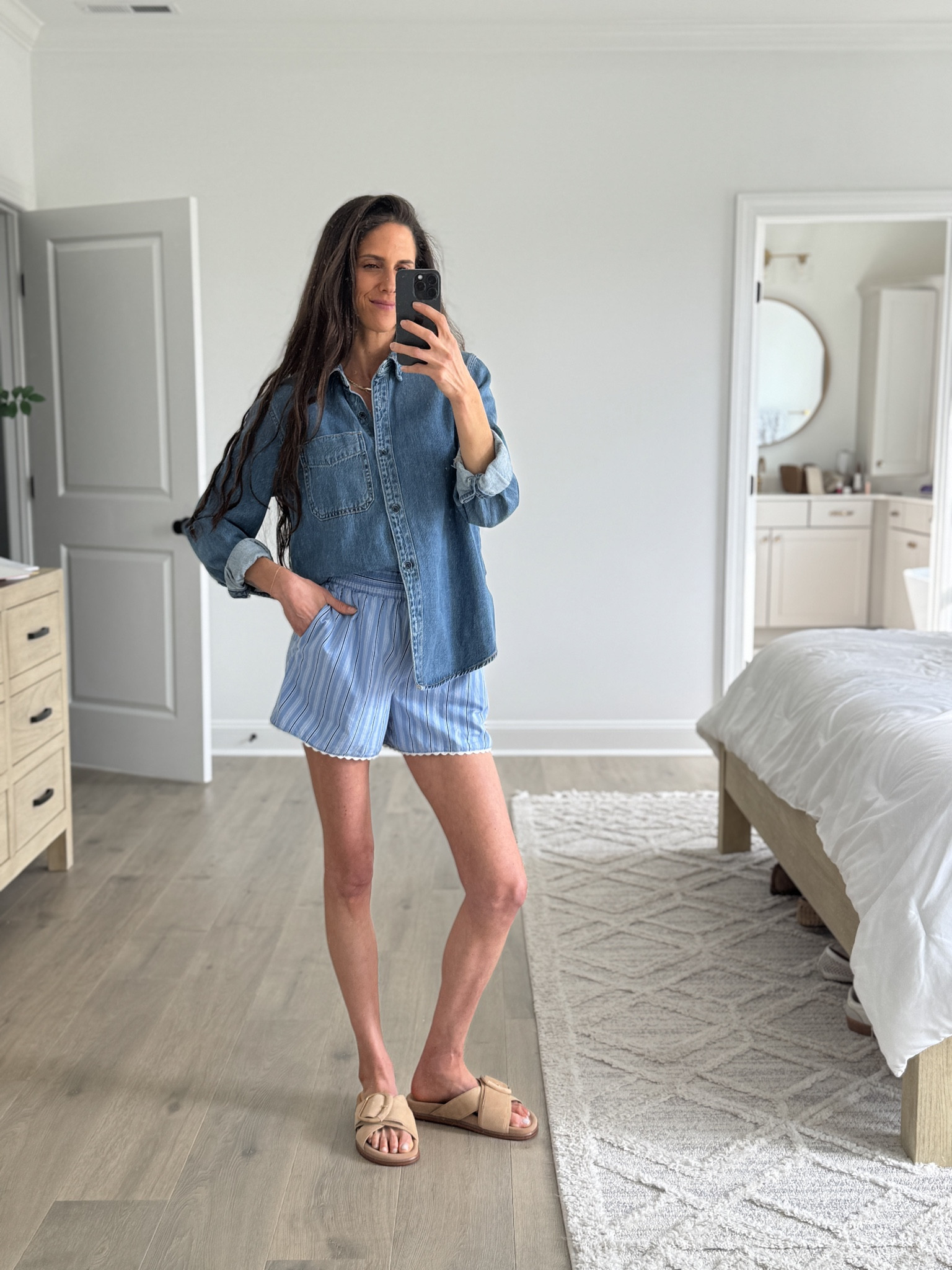 Denim button-down + easy striped shorts is one of my go-to combos lately. Simple, comfortable, and still feels put together.

#LTKSeasonal #LTKmomlife #LTKootd