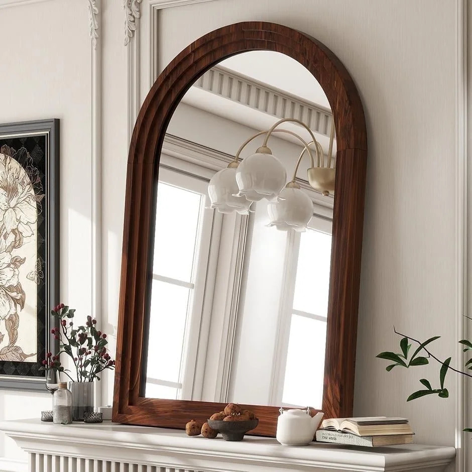 BEAUTYPEAK 40"x 30" Arched Bathroom Mirror Wall Mirror Wooden Frame,Brown | Walmart (US)