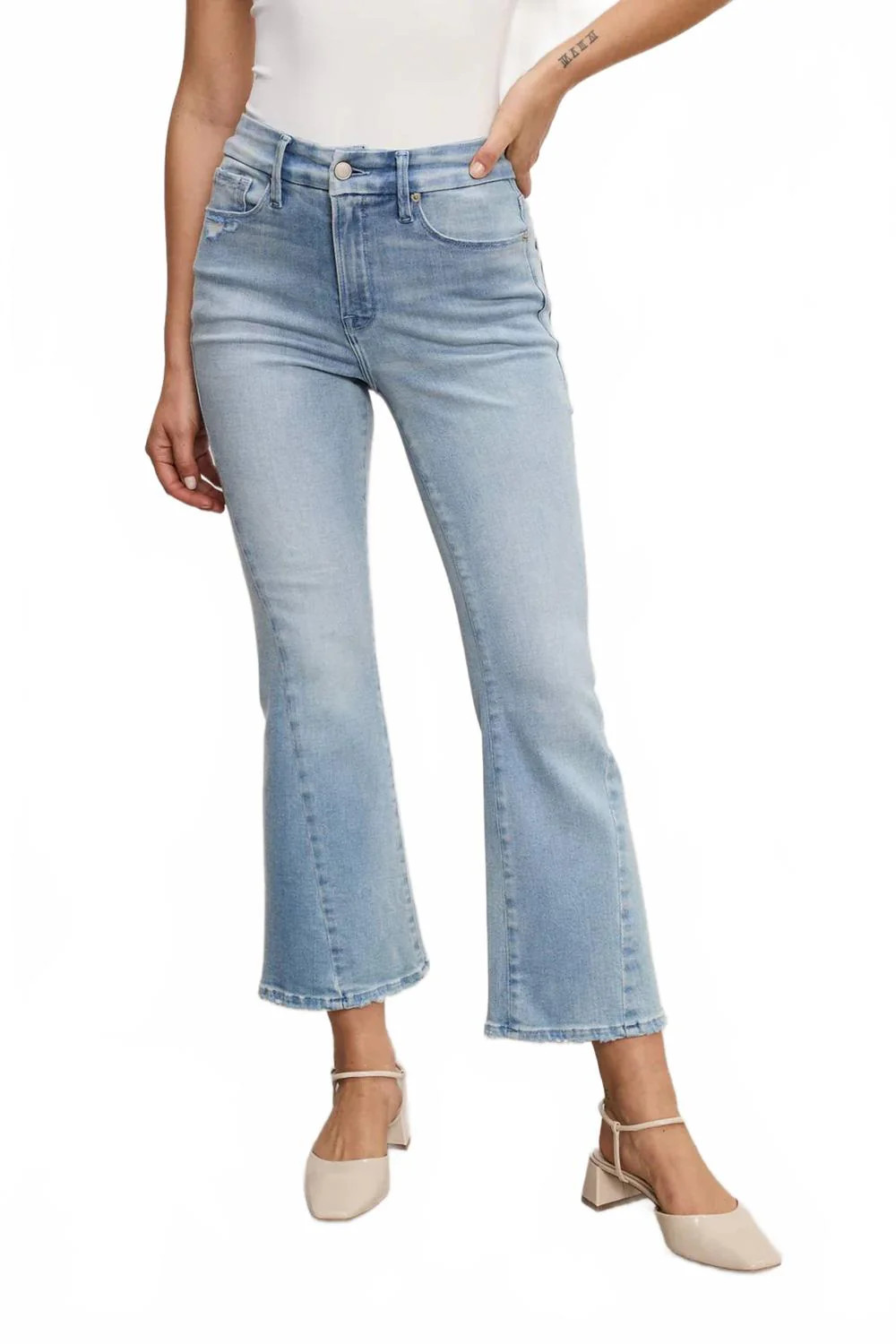 Good Legs Crop Mini Boot Jeans In Light Blue Soft Tech | Shop Simon