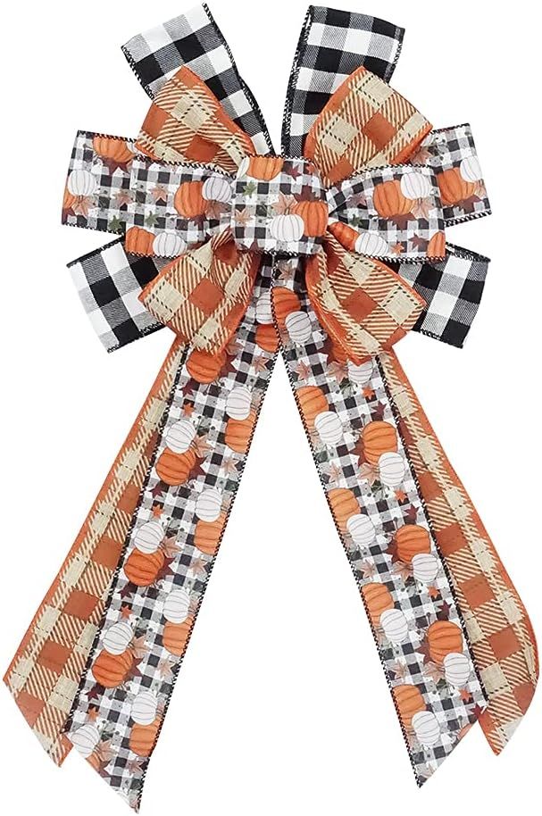 Fall Pumpkin Bow for Wreath, Black White Orange Buffalo Plaid Wreath Bow for Fall Décor - Autumn... | Amazon (US)