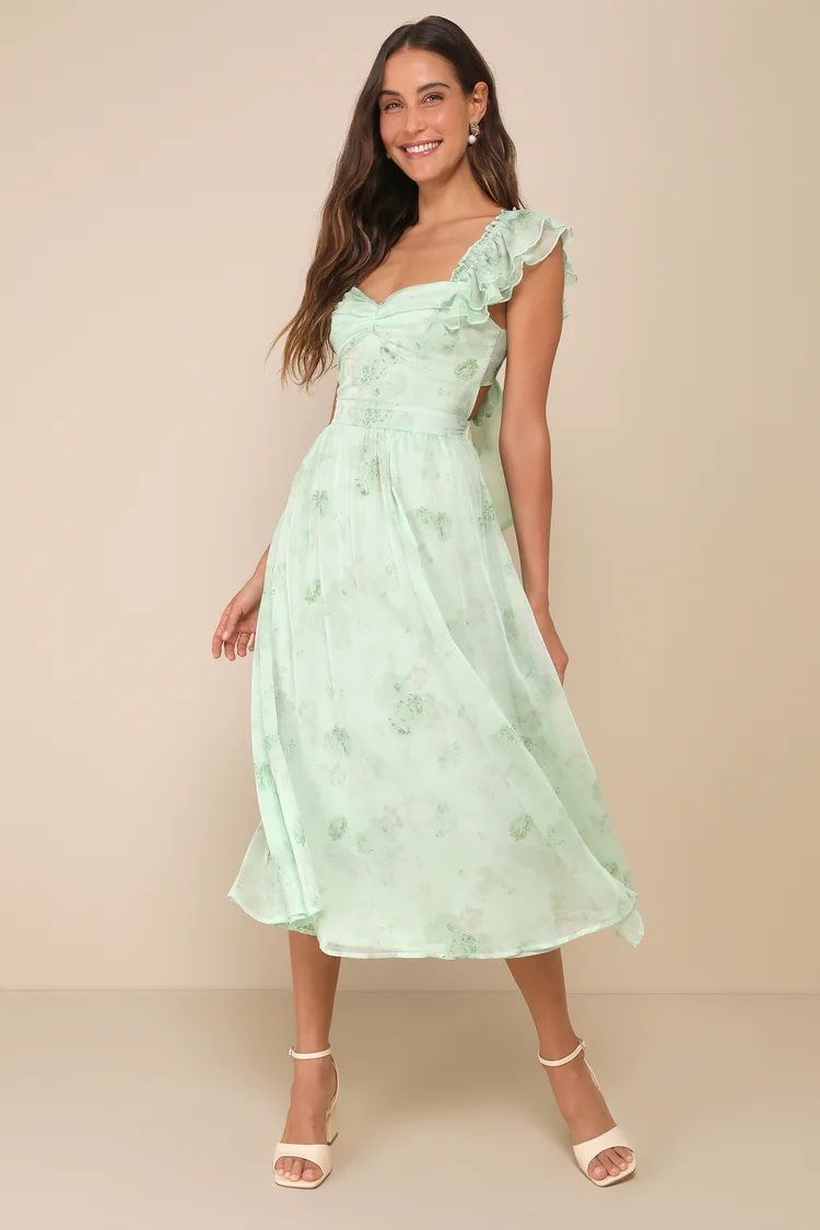 Loveliest Darling Light Green Floral Ruffled Tie-Back Midi Dress | Lulus