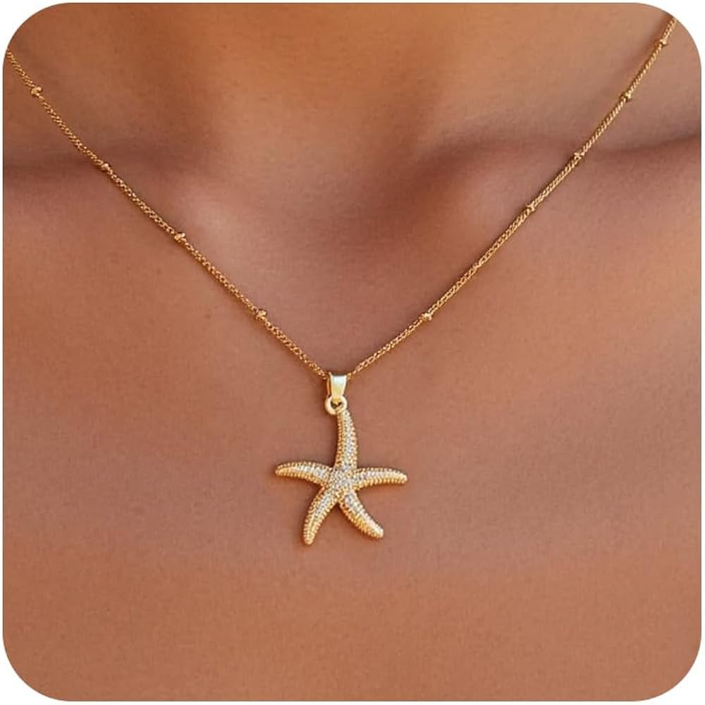 Sea Turtle Necklace for Women 14K Gold Plated Crabs Seashell Starfish Ocean Necklace Shell Pendan... | Amazon (US)