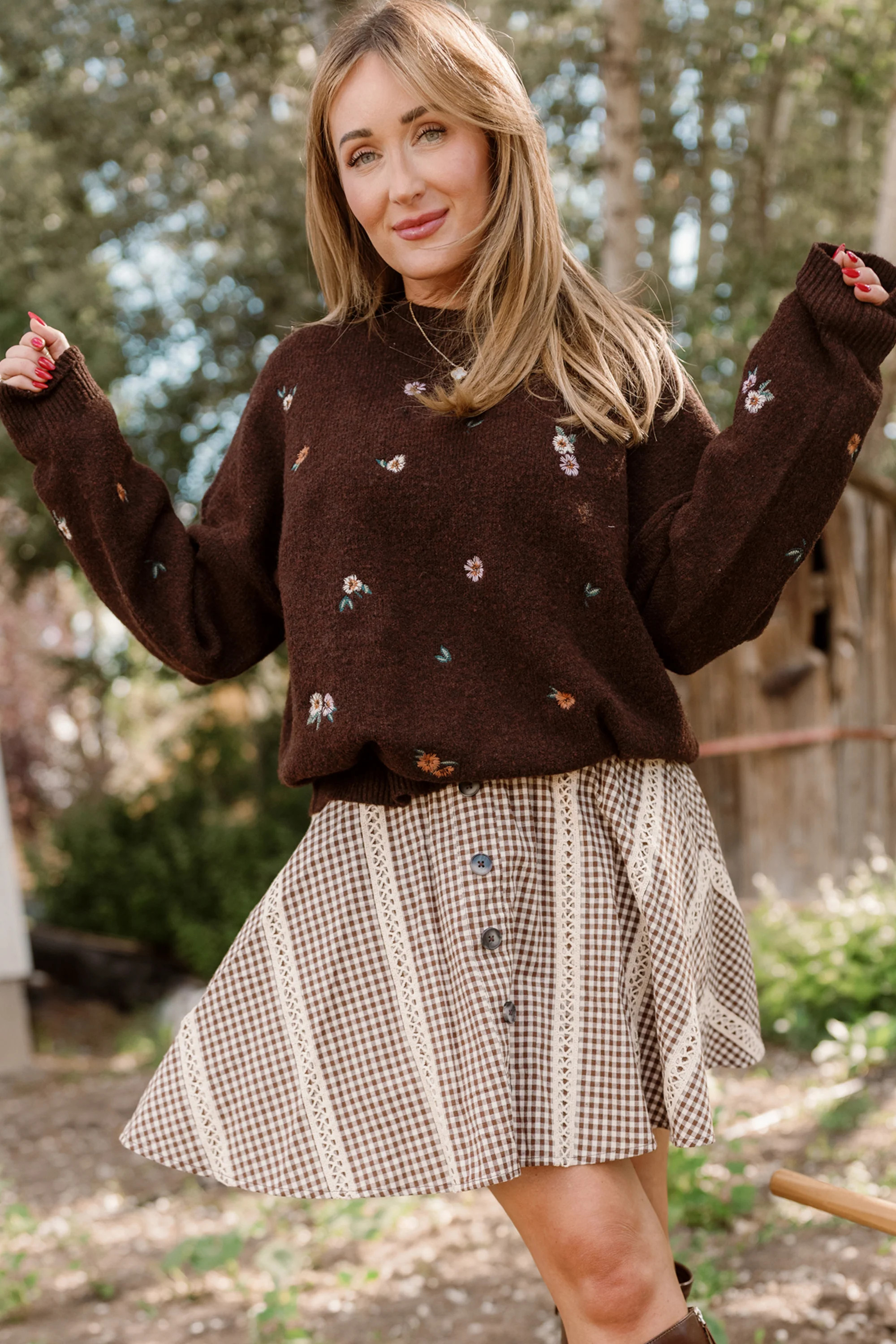 Ellis Sweater in Warm Cocoa Lovelorn Ditsy Embroidery | Ivy City Co