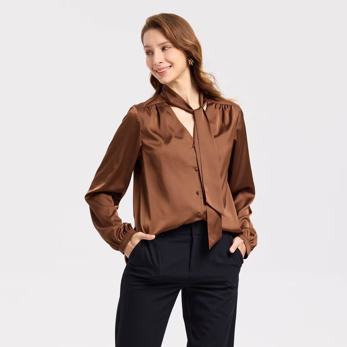 Women's Bishop Long Sleeve Satin Twill Tie Collar Blouse - A New Day™ | Target