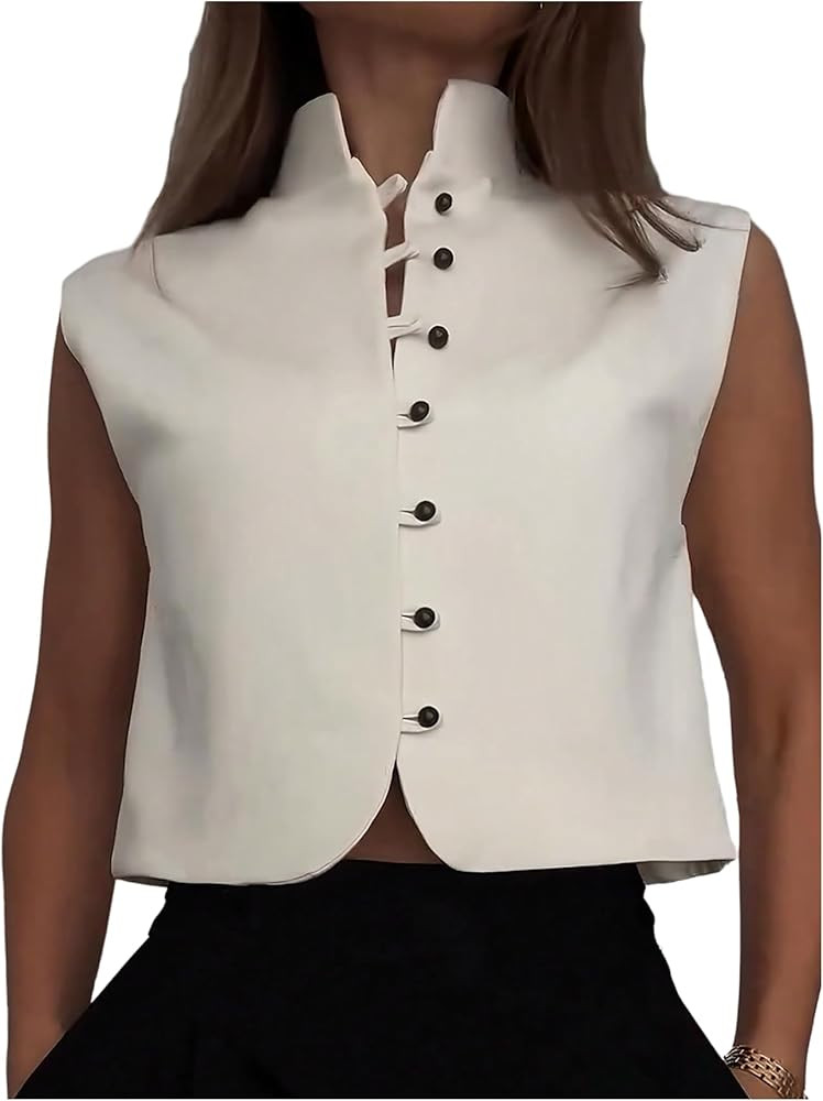 GORGLITTER Women's Button Up Vest Tank Top Mock Neck Sleeveless Button Down Fashion Business Crop... | Amazon (US)