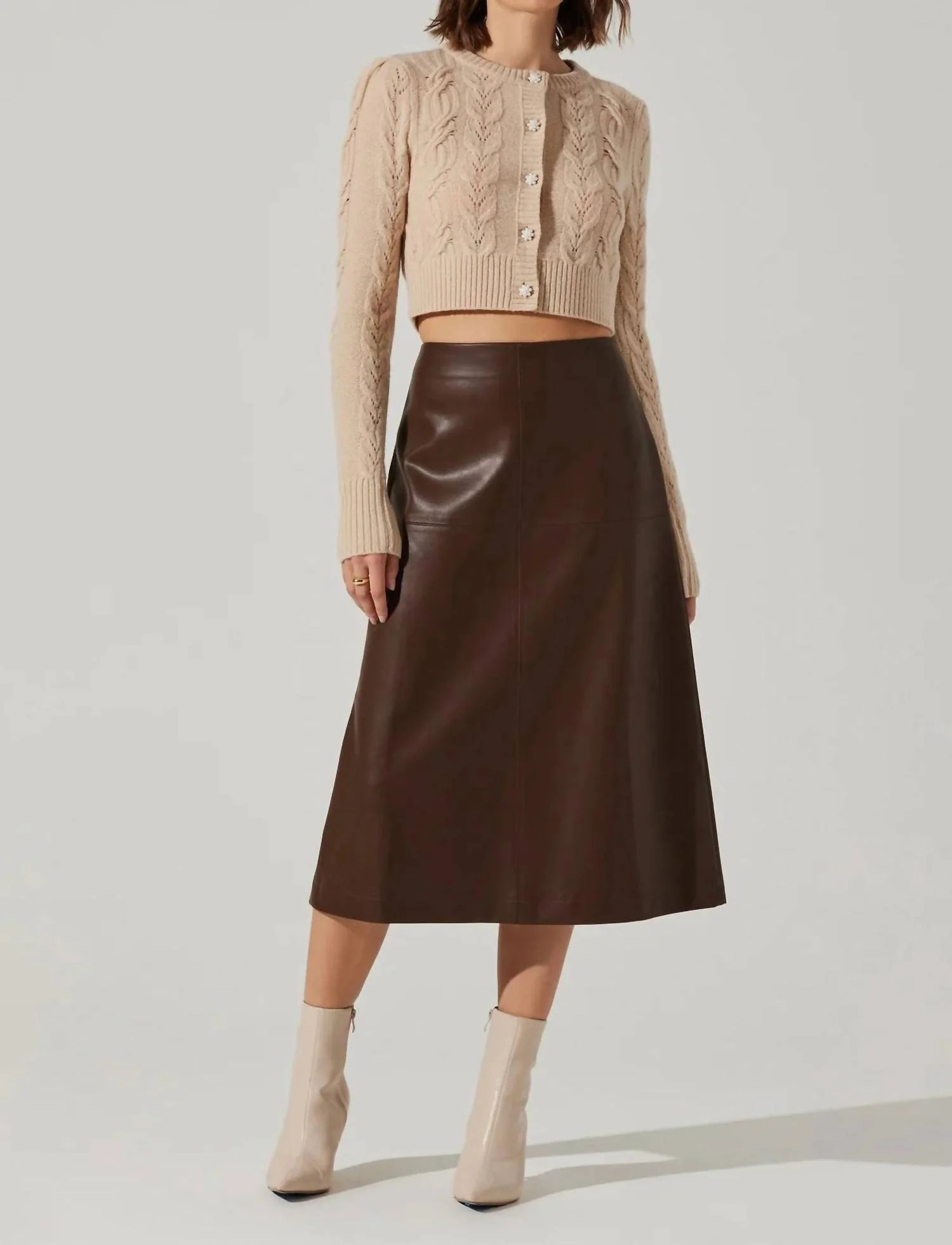 Yuria Faux Leather Midi Skirt In Brown | Shop Simon