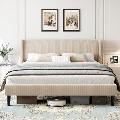 Off-white King Upholstered Bed Frame With Wingback Headboard-Velvet Platform-Wood Slats-No Box Spring Needed-Easy Assembly-Beige | Target