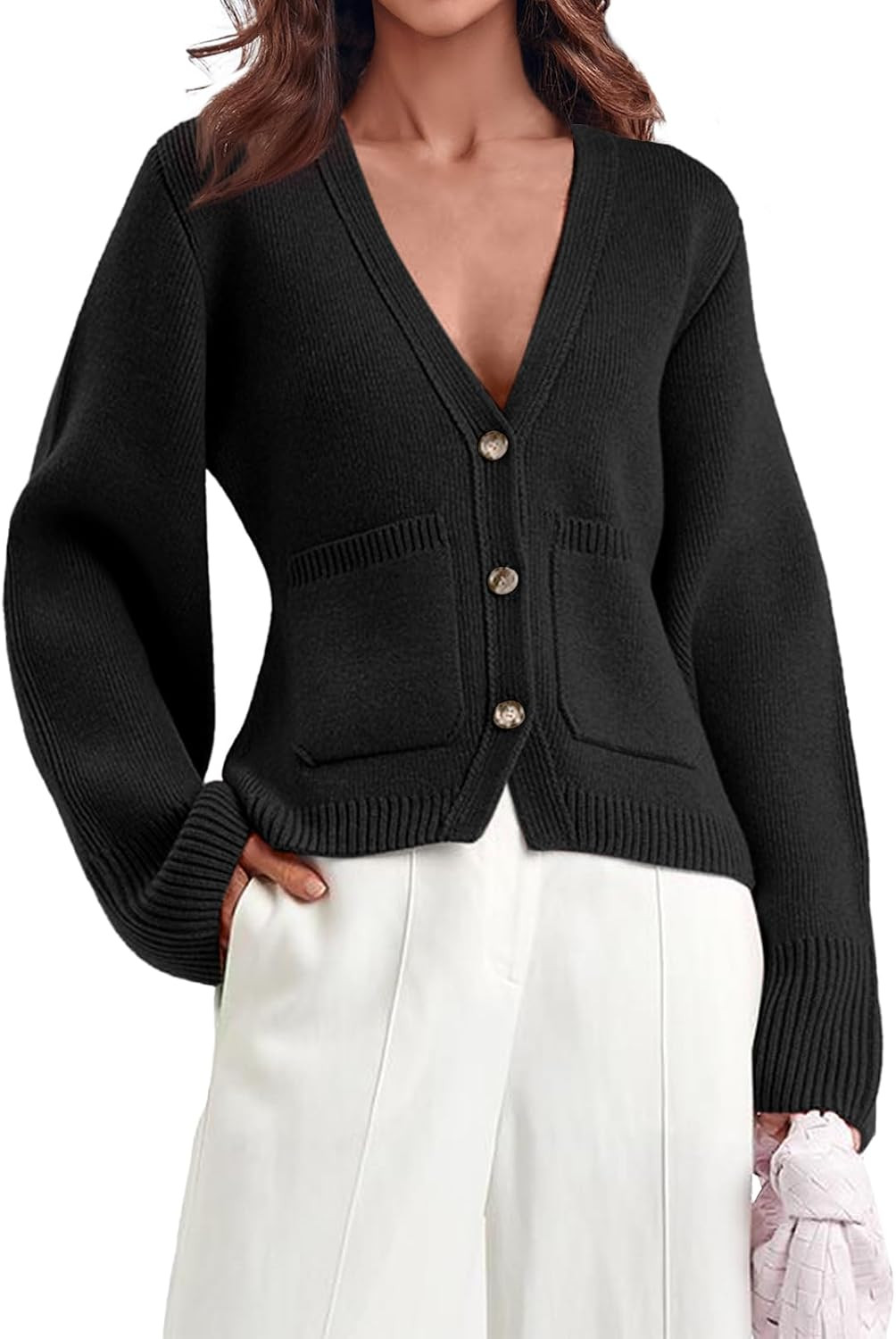 Saodimallsu Womens Deep V Neck Cardigan Sweaters Open Front Button Down Long Sleeve Cropped Knit Coats with Pockets | Amazon (US)