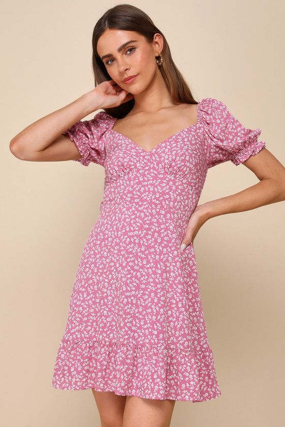 Grateful Feelings Pink Floral Print Puff Sleeve Mini Dress | Lulus