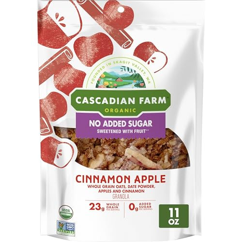 Cascadian Farm Organic Granola with No Added Sugar, Cinnamon Apple Cereal, Resealable Pouch, 11 oz | Amazon (US)