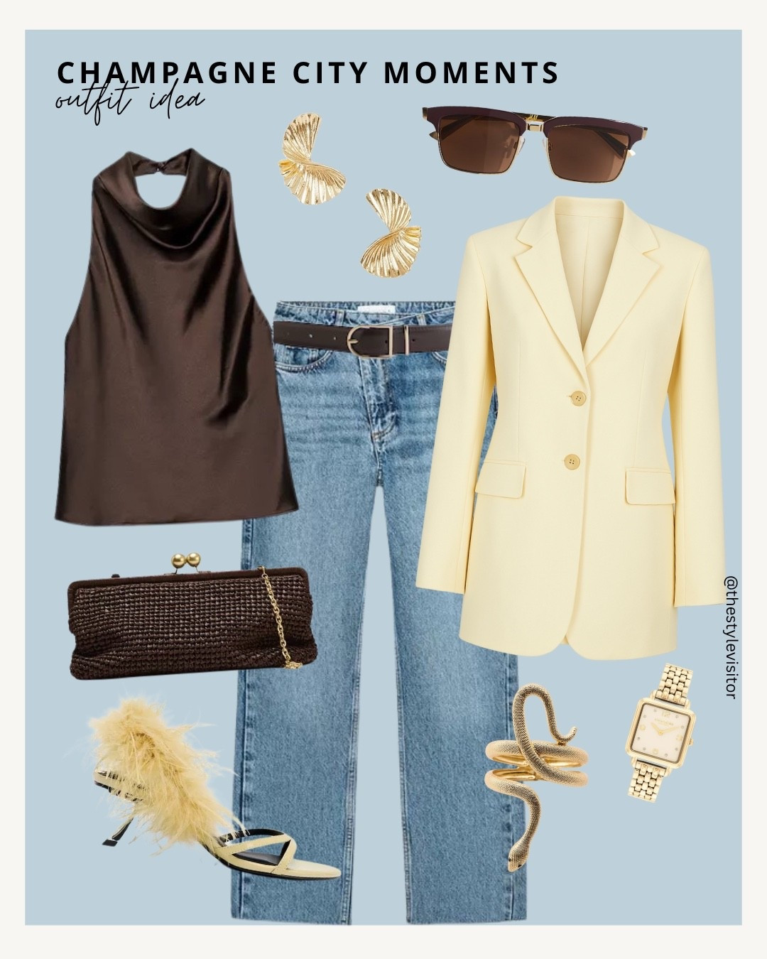 ✨ When the city sparkles, so do you — a silky chocolate halter, sharp blazer, and feather heels for that Champagne City vibe. 🥂✨ Effortless yet polished — your sign to plan that rooftop soirée.

Like this post to save it to your favourite folder and come back later to shop!

Keywords: champagne outfit, city chic, rooftop style, feather heels, silk top, yellow blazer, gold watch, vintage jeans, gold earrings, brown clutch, snake ring, city look, summer chic, statement shoes, brunch style, girls night out, classy outfit, elegant look, neutral palette, European city

#LTKSeasonal #LTKStyleTip