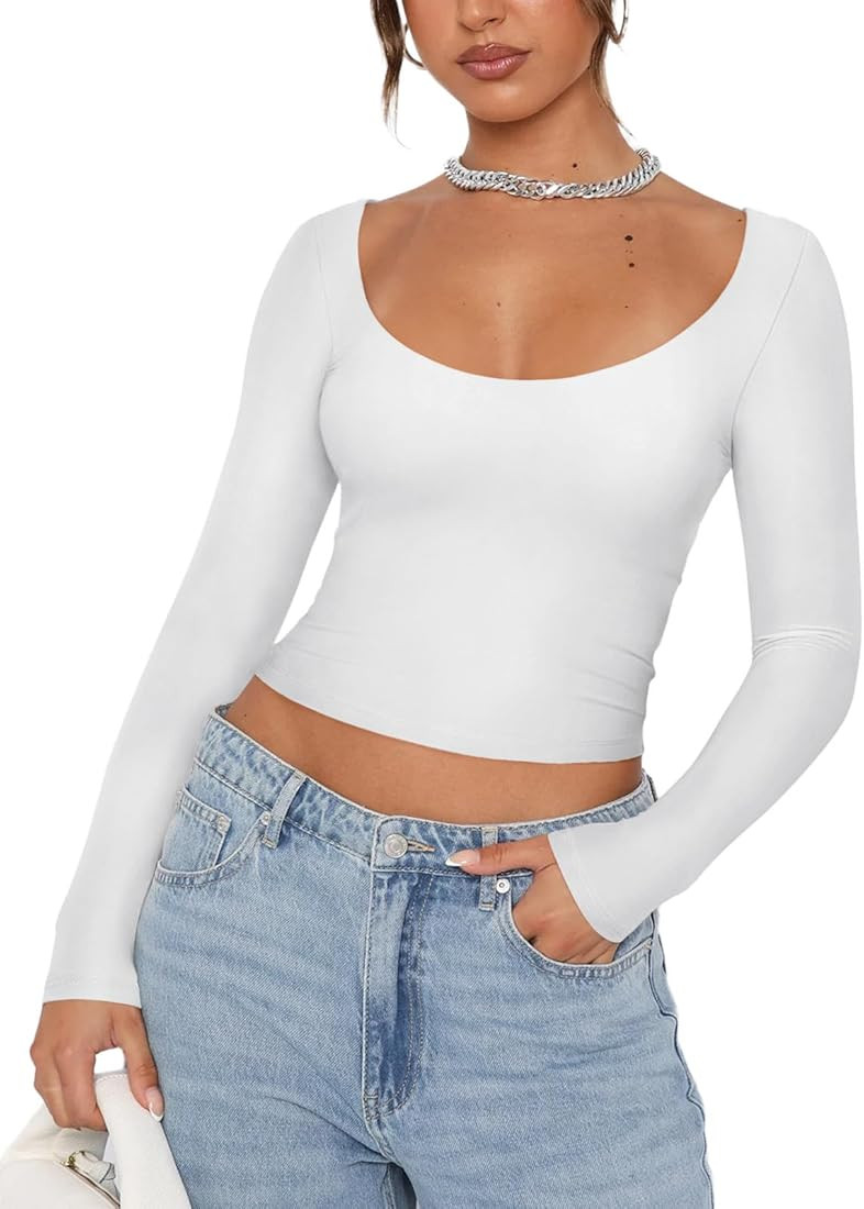 REORIA Womens Sexy Scoop Neck Long Sleeve Double Lined Basic Shirts Fitted Y2K Trendy Crop Tops | Amazon (US)