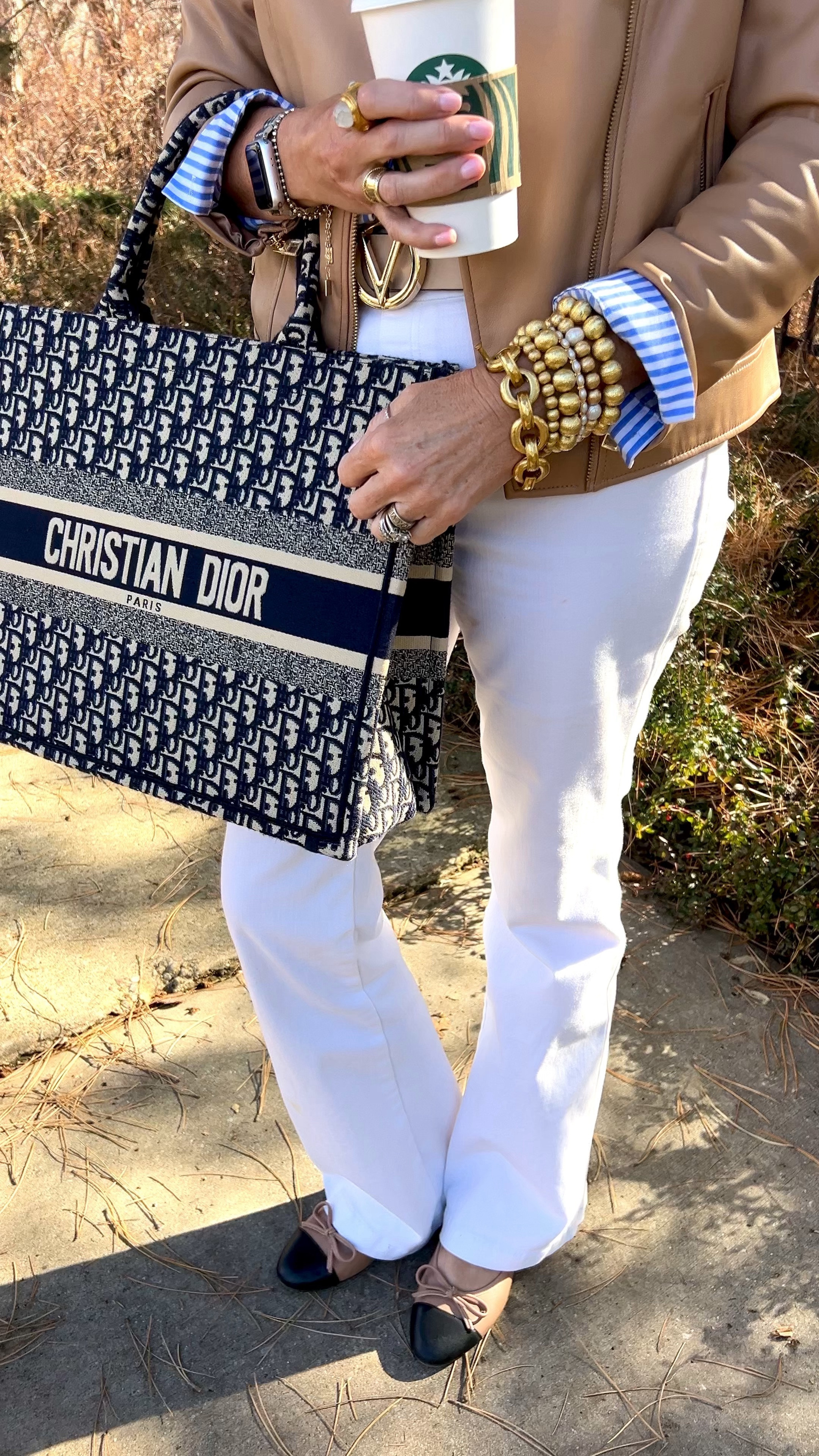 One of this seasons HoTTEST colors Cornflower Blue🩵💙 paired with Camel and white… 

Here I have styled a Amazon blue & white stripped button up shirt fits tts
 with
Spanx  white flared jeans and  fits tts
🚨SAVE 10% off all Spanx with my CODE: DEARDARCYXSPANX

the “3rd piece” Chico Camel colored faux leather jacket. Fits tts 

Valentino belt 
Christian Dior tote
Arm candy Julie Vos and lisi lurch 

Cap toe Steve Madden ballet flat 

#LTKGiftGuide #LTKMostLoved #LTKover40