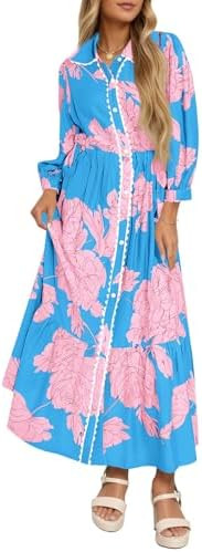 Wenrine Womens Maxi Shirt Dress Casual Floral Collared 3/4 Long Sleeve Drawstring Waist Fall Butt... | Amazon (US)