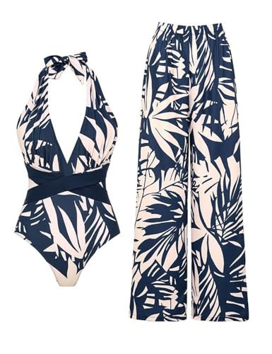 FLAXMAKER Women's One Piece V-Neck Adjustable Halter Leaf Print Bathing Suit Swimsuit and Skirt/Pants (US, Alpha, Small, Regular, Regular, Blue Swimsuit and Pants) | Amazon (US)