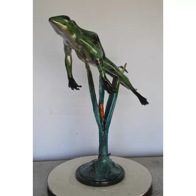 Lyndhurst Large Frog Jumping Up Bronze Statue on a Marble - Size: 30"L x 14"W x 34"H. | Wayfair North America