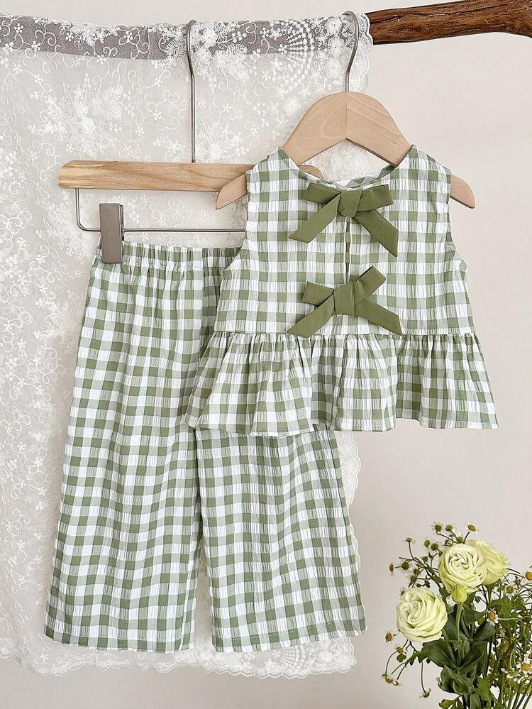 LMoss Kids 2pcs Baby Girl Woven Plaid Casual Vest And Leggings Set Toddler Checkered Set Gingham Set Baby Girls Clothes Green Green Dress Set For Baby Plaid 2 Piece Baby Girls,Kids | SHEIN