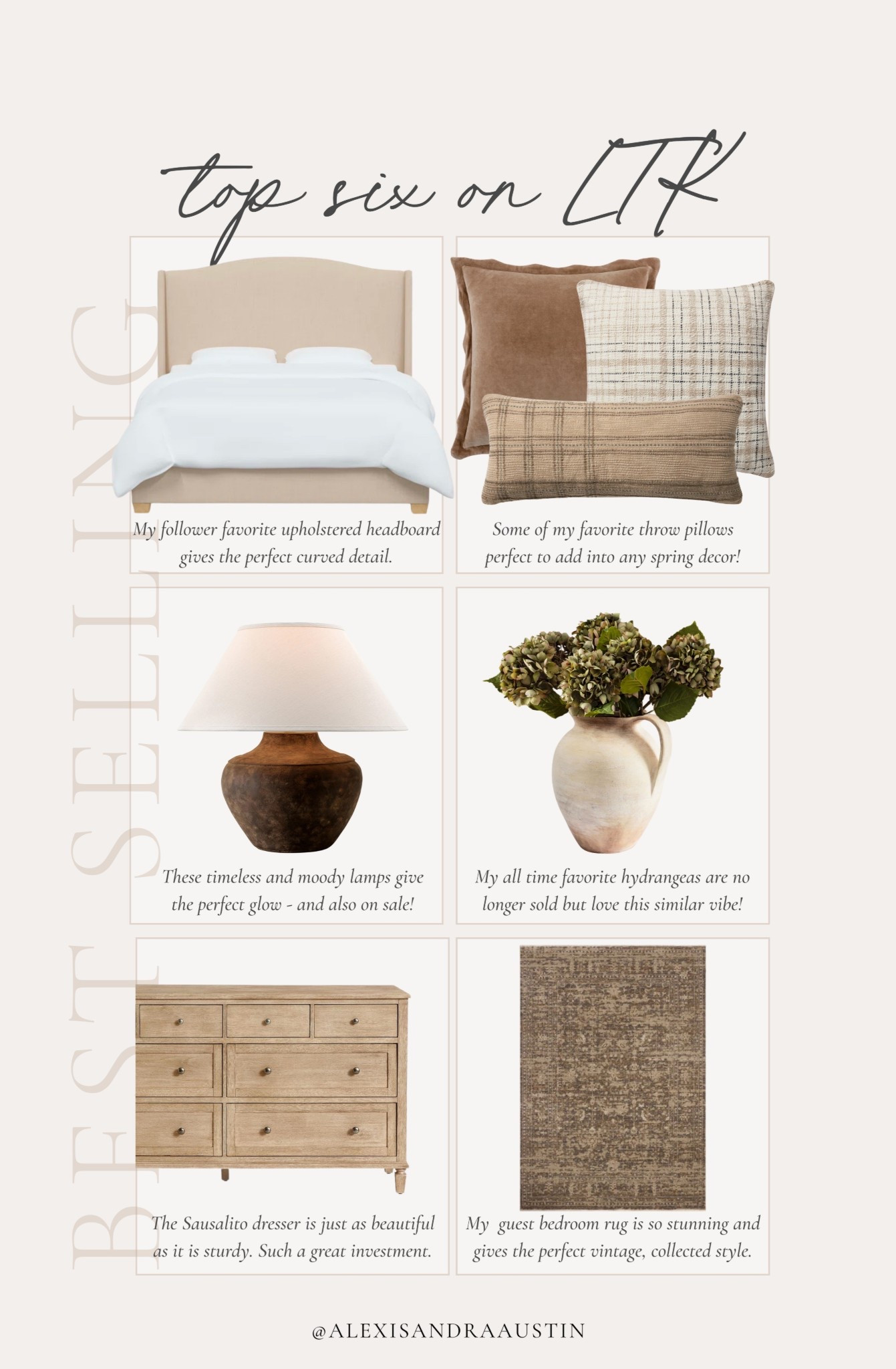 This week’s top six on LTK! From furniture favorites to decor details to elevate your space, find all of this week’s favorites here.

Home finds, neutral home inspo, best sellers, furniture favorites, spring refresh, neutral wood tones, table lamp, cozy throw pillow, faux florals, artisan vase, neutral area rug, vintage style area rug, dresser details, linen upholstered bed, collected style, bedroom refresh, Pottery Barn style, Loloi, Wayfair, McGee and Co, Amber Lewis, shop the look!

#LTKHome #LTKSeasonal