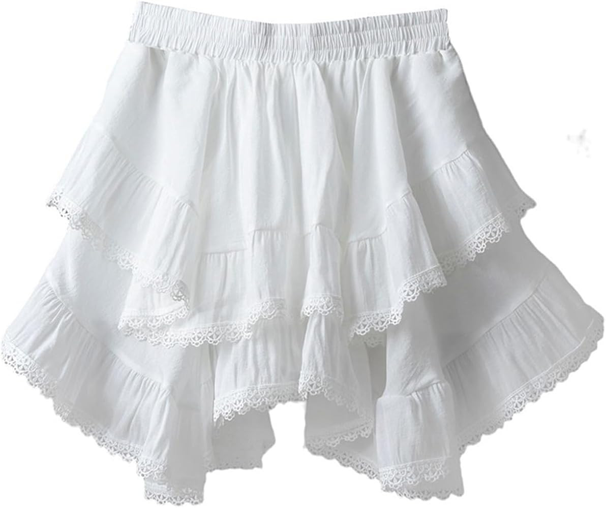 Women Lace Irregular Mini Skirt Japanese Style Ruffles Elastic Waist Short Skirt | Amazon (US)